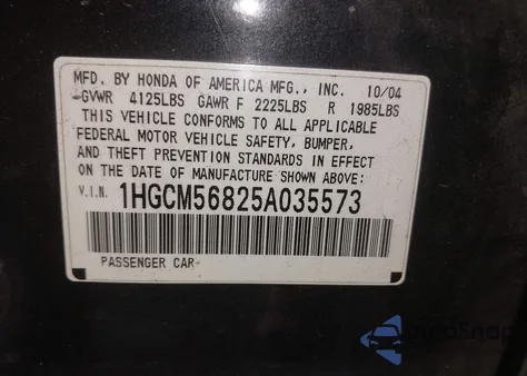 2005 Honda Accord 2.4 Ex из США, поврежденный, VIN 1HGCM56825A035573